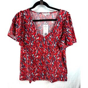 Michelle McDowell Tiger Tail Red Blue Paisley Top V-Neck Flutter Sleeve‎ Medium